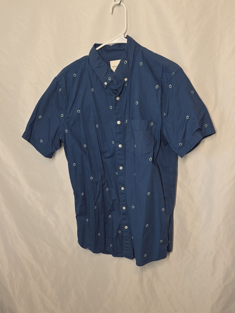 American Eagle  Navy Short-Sleeve Button-Up with Small Dot Motif
